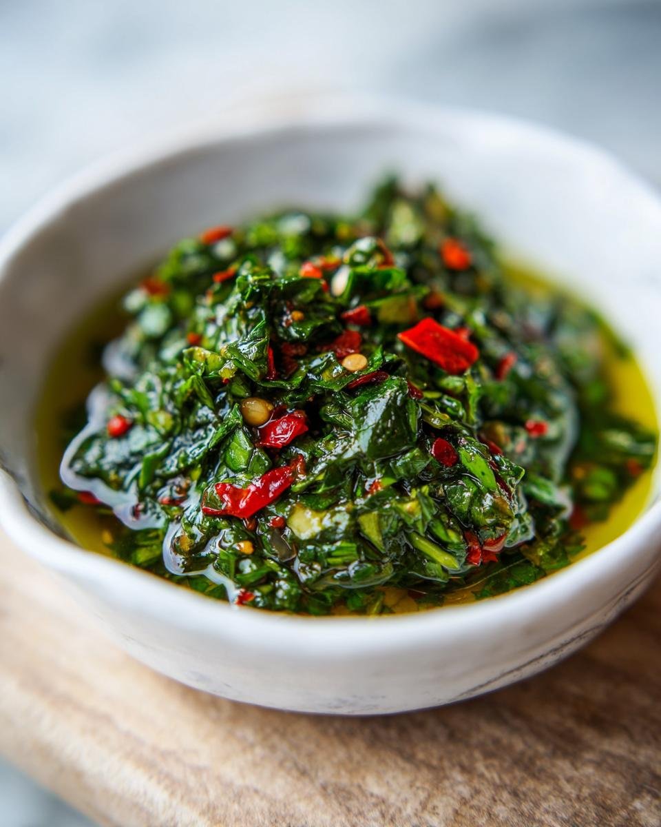 A vibrant, close-up view of My Staple Chimichurri Sauce, rich green herbs mixed with visible red chili flakes, sitting in olive oil in a white bowl.