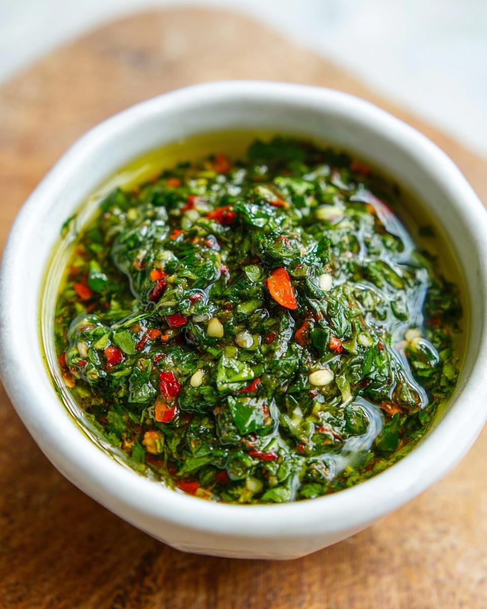 A close-up view of My Staple Chimichurri Sauce, vibrant green with visible red chili flakes and garlic pieces, resting in a small white bowl.