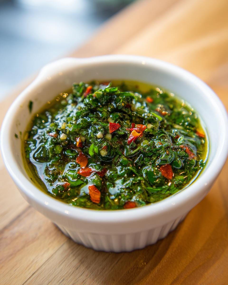 Close-up of vibrant green My Staple Chimichurri Sauce, flecked with red chili pieces, served in a small white ramekin.