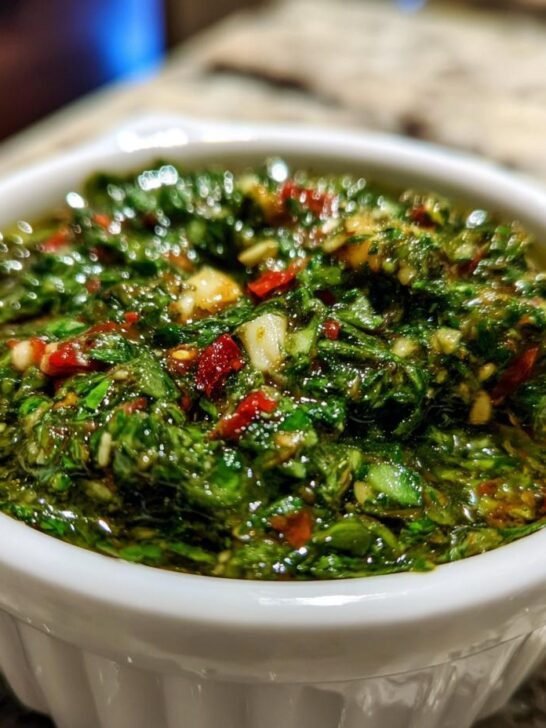 Close-up of vibrant green My Staple Chimichurri Sauce, rich with herbs, garlic, and red pepper flakes, served in a small white bowl.