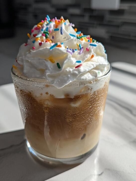 A cold glass of Starbucks Copycat Iced Sugar Cookie Latte topped with whipped cream and colorful sprinkles.