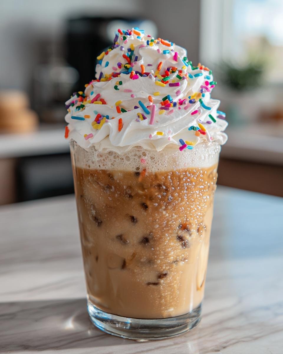 A tall glass of Starbucks Copycat Iced Sugar Cookie Latte topped with whipped cream and colorful sprinkles.