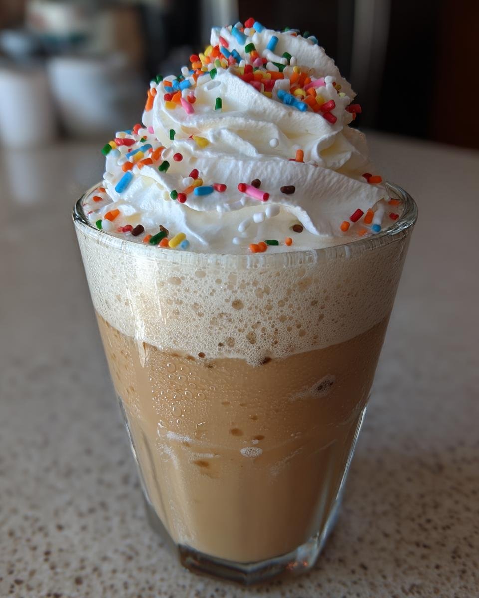 A tall glass of Starbucks Copycat Iced Sugar Cookie Latte topped with whipped cream and colorful sprinkles.