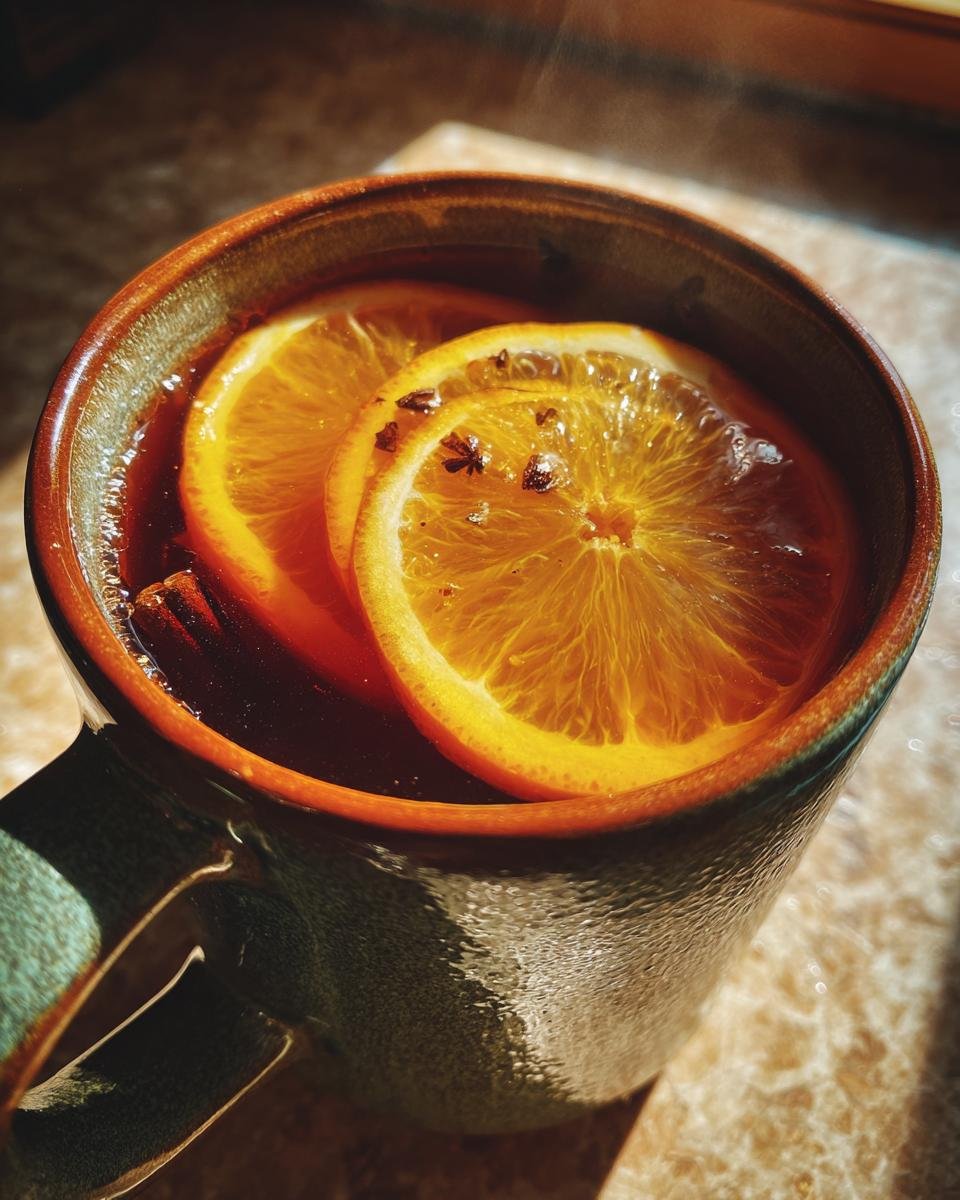 Close-up of a steaming Spiced Apple Cider Mocktail garnished with bright orange slices and cloves.