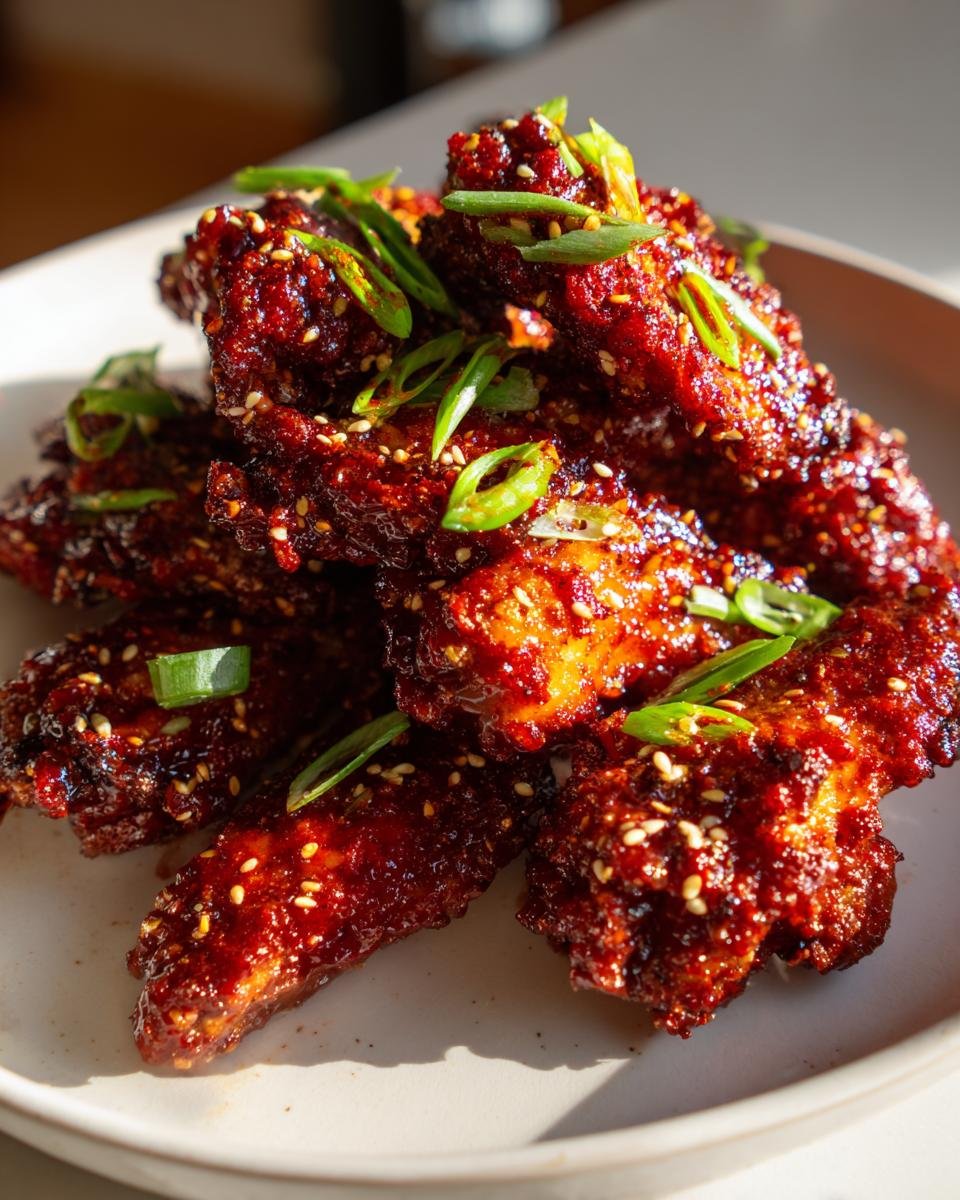 A pile of glossy, deep red Sticky Gochujang Chicken Wings garnished with sesame seeds and sliced green onions.
