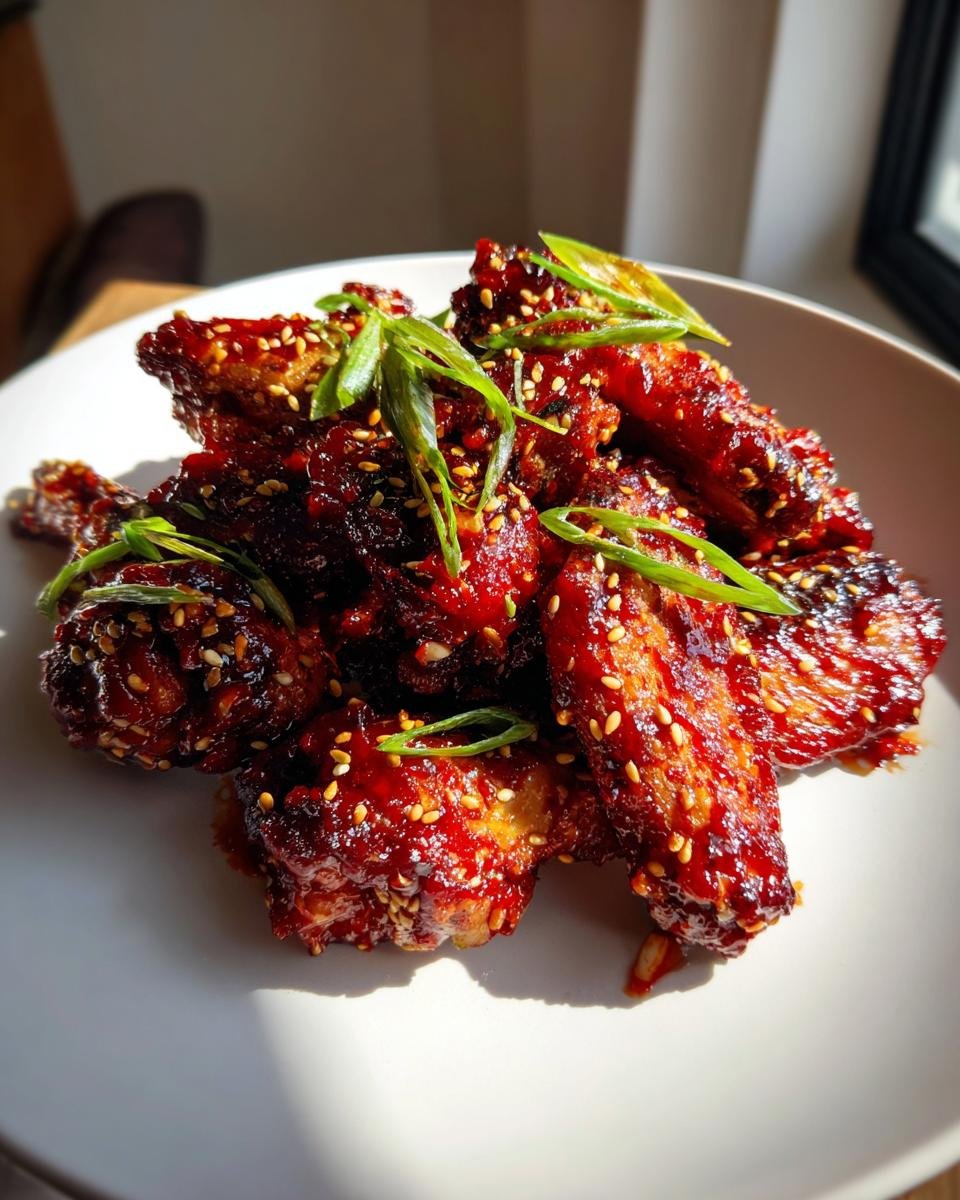 A close-up of glossy, dark red Sticky Gochujang Chicken Wings garnished with sesame seeds and sliced green onions.