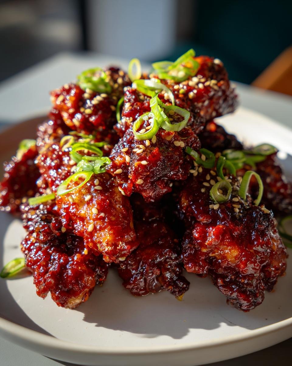 A pile of glossy, deep red Sticky Gochujang Chicken Wings garnished with sesame seeds and sliced green onions.