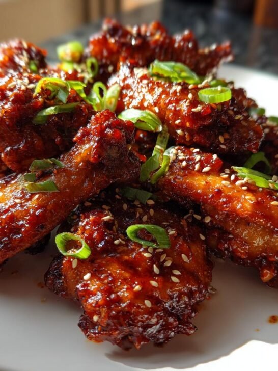 Close-up of perfectly glazed Sticky Gochujang Chicken Wings piled high and garnished with sesame seeds and green onions.