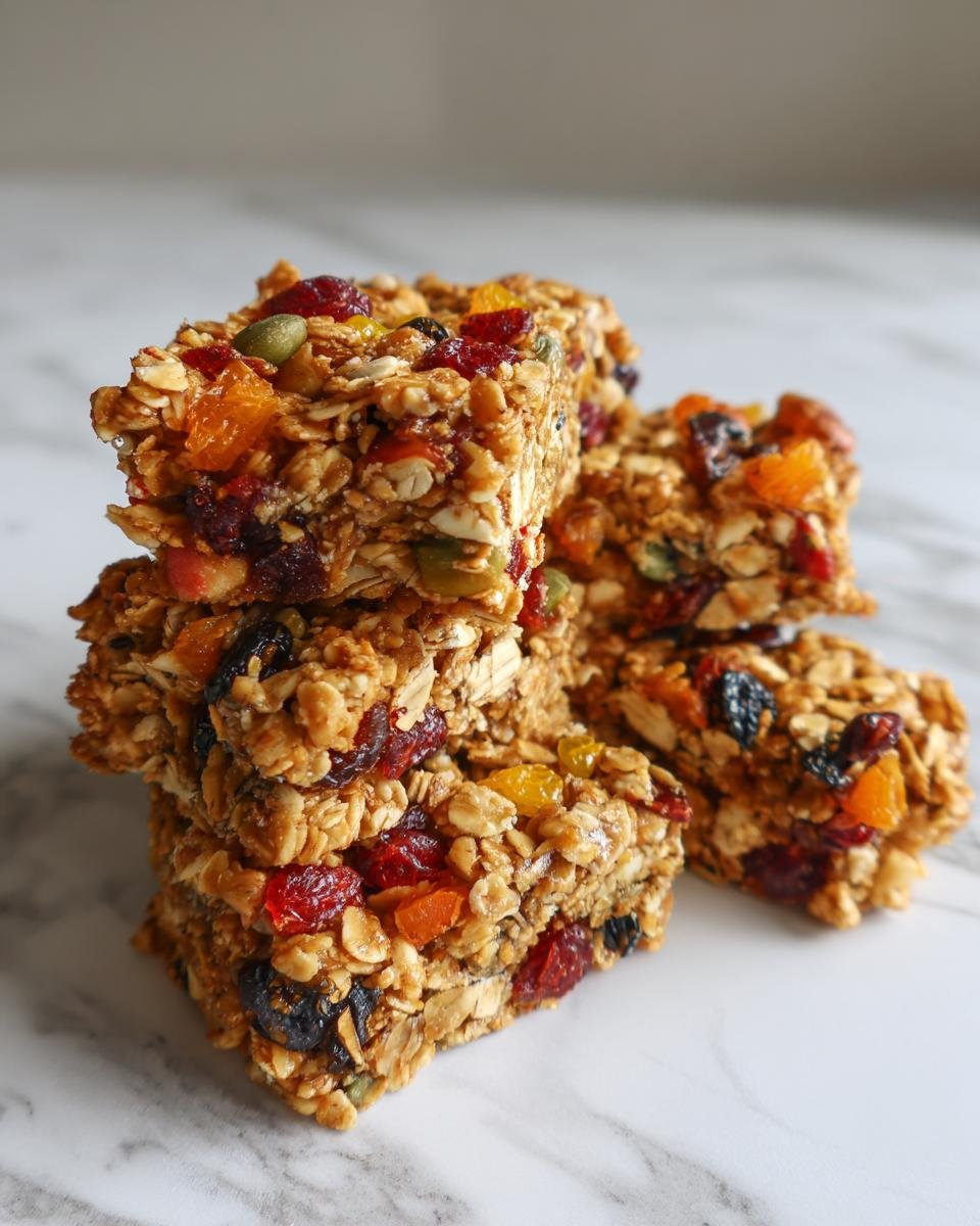 A stack of dense Superfood Honey Orange Granola bars packed with dried fruit and seeds on a white marble surface.