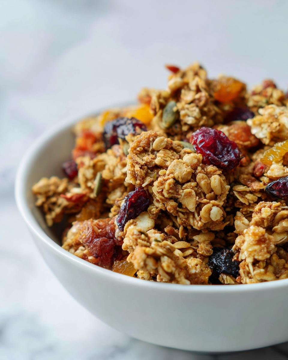 Close-up of crunchy Superfood Honey Orange Granola clusters packed with dried fruit and seeds in a white bowl.