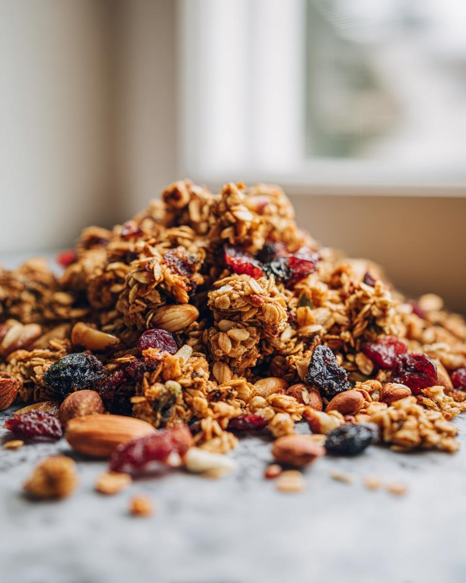 A close-up, low-angle shot of a pile of crunchy Superfood Honey Orange Granola mixed with almonds and dried cranberries.