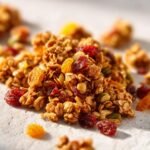 A pile of crunchy Superfood Honey Orange Granola featuring oats, dried cranberries, apricots, and pumpkin seeds.