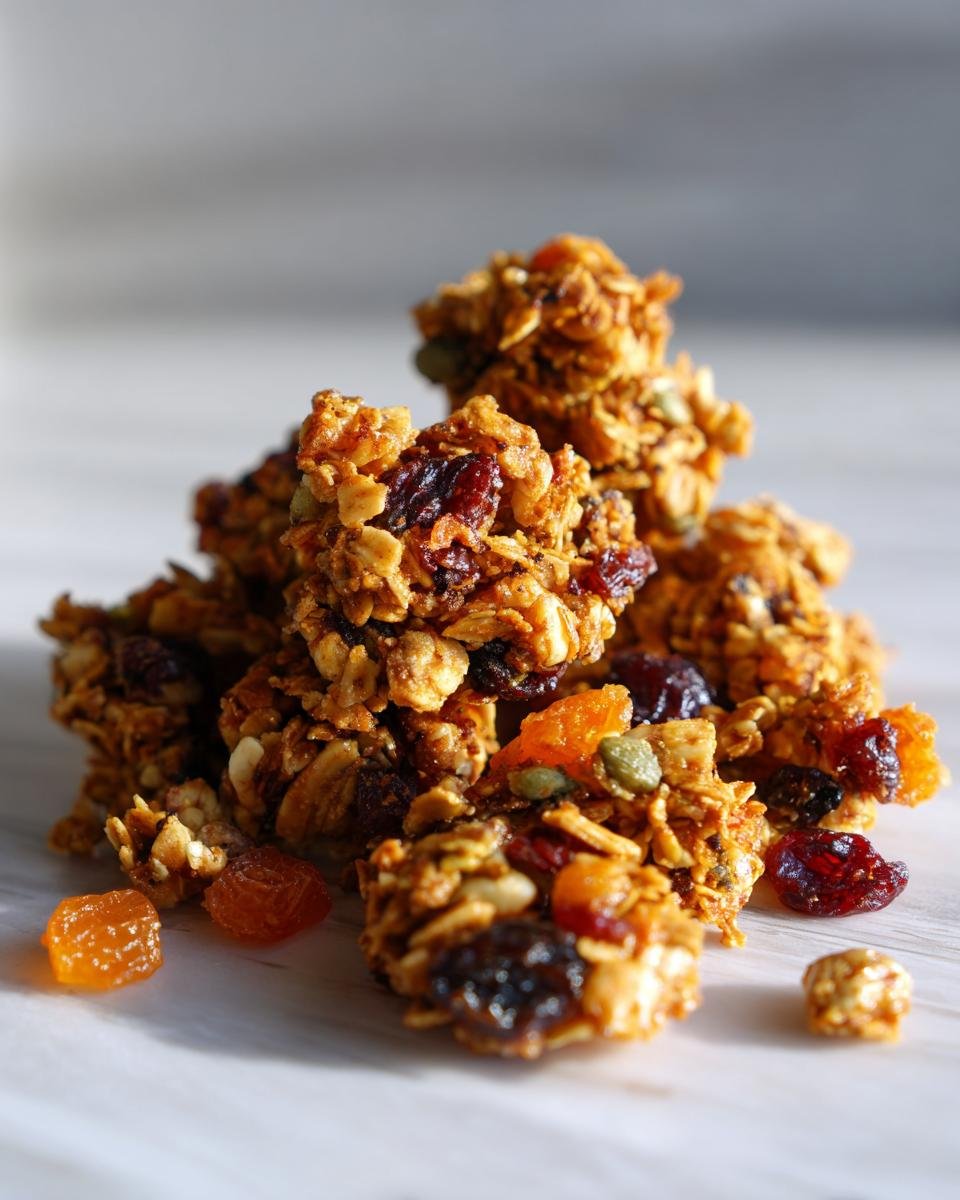 Close-up of crunchy clusters of Superfood Honey Orange Granola mixed with dried fruits and seeds.