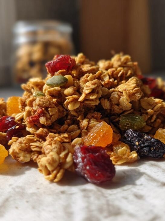 A close-up pile of Superfood Honey Orange Granola mixed with dried cranberries, raisins, and pumpkin seeds.