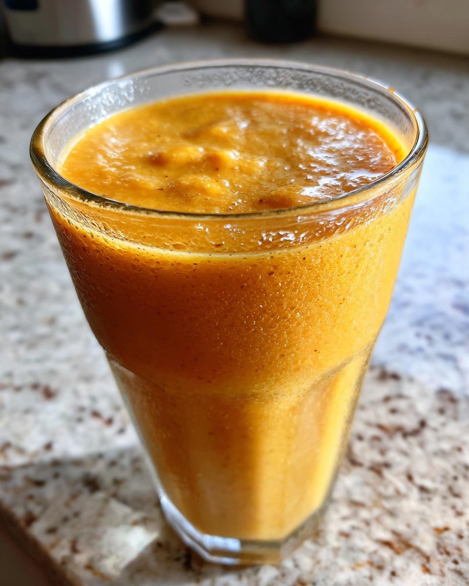 Close-up of a thick, orange Pumpkin Spice Smoothie served in a clear glass on a granite countertop.