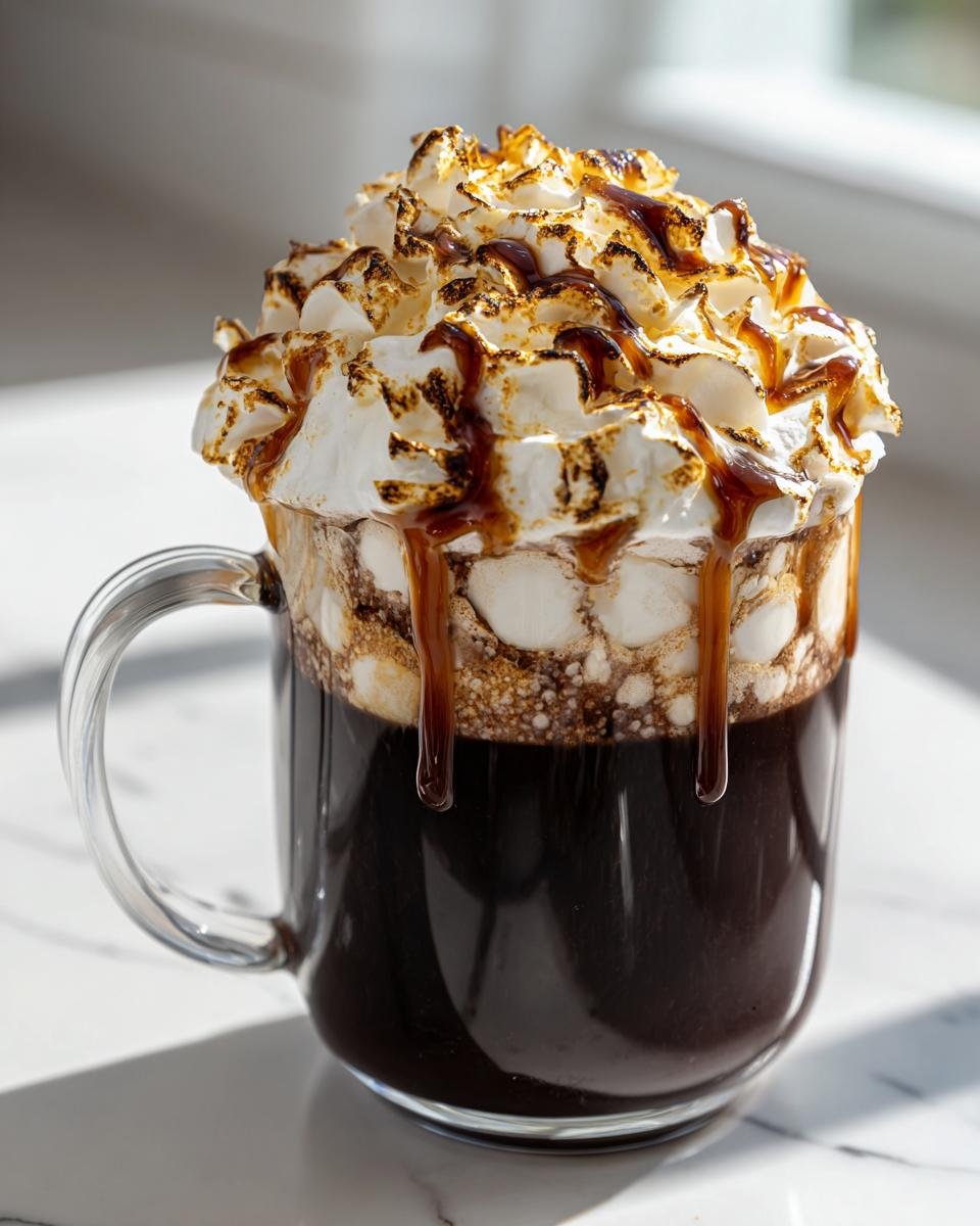 A rich Toasted Marshmallow Mocha topped with toasted meringue or whipped cream and caramel drizzle.