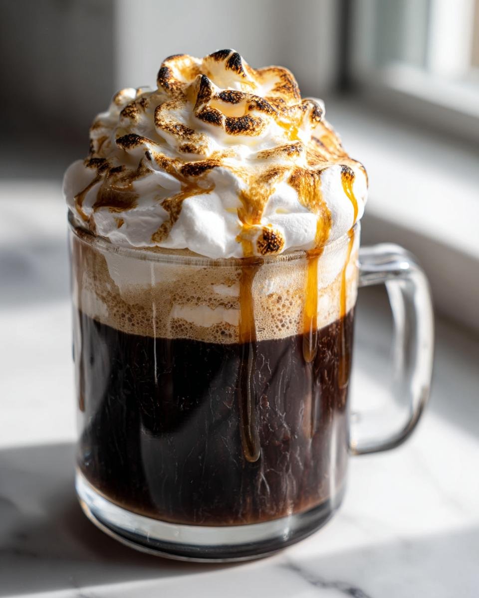 A clear glass mug filled with a dark Toasted Marshmallow Mocha, topped with torched whipped cream and caramel drizzle.