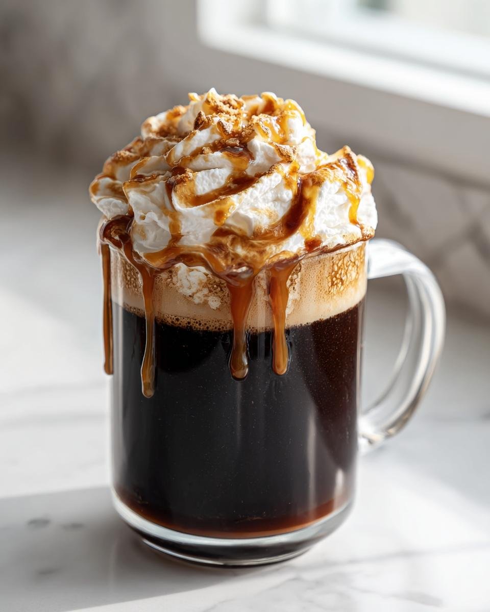 A clear glass mug filled with dark coffee, topped high with whipped cream, caramel drizzle, and sprinkles for a Toasted Marshmallow Mocha.