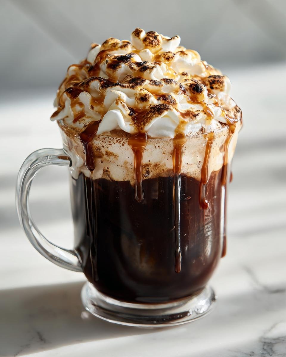 Close-up of a rich Toasted Marshmallow Mocha topped with toasted marshmallows and caramel drizzle.