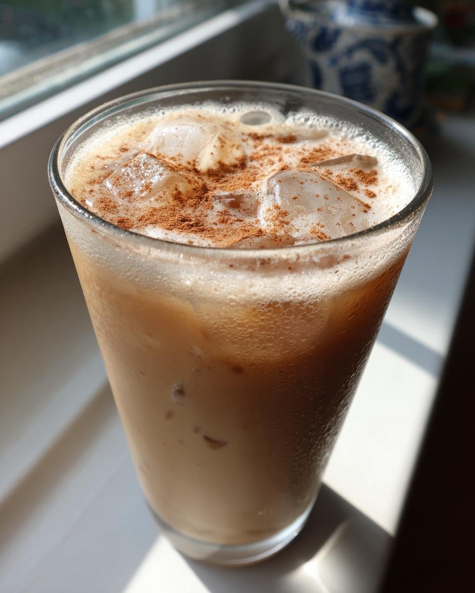 Close-up of a cold Vanilla Cinnamon Iced Latte in a glass, topped with cinnamon dust and ice cubes.