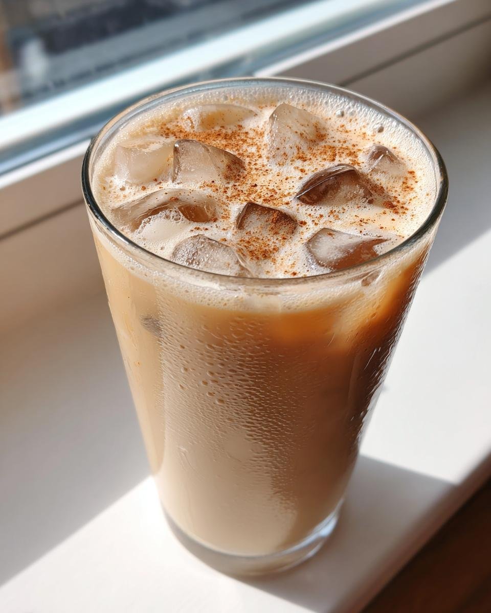 Close-up of a tall glass containing a Vanilla Cinnamon Iced Latte, topped with ice cubes and a sprinkle of cinnamon.