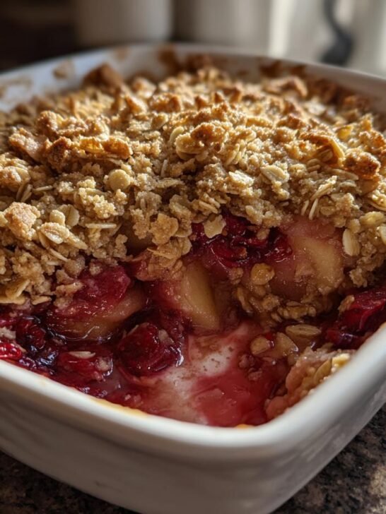 Close-up of a bubbling Vegan Apple Cranberry Crisp with a thick, golden oat topping in a white square baking dish.