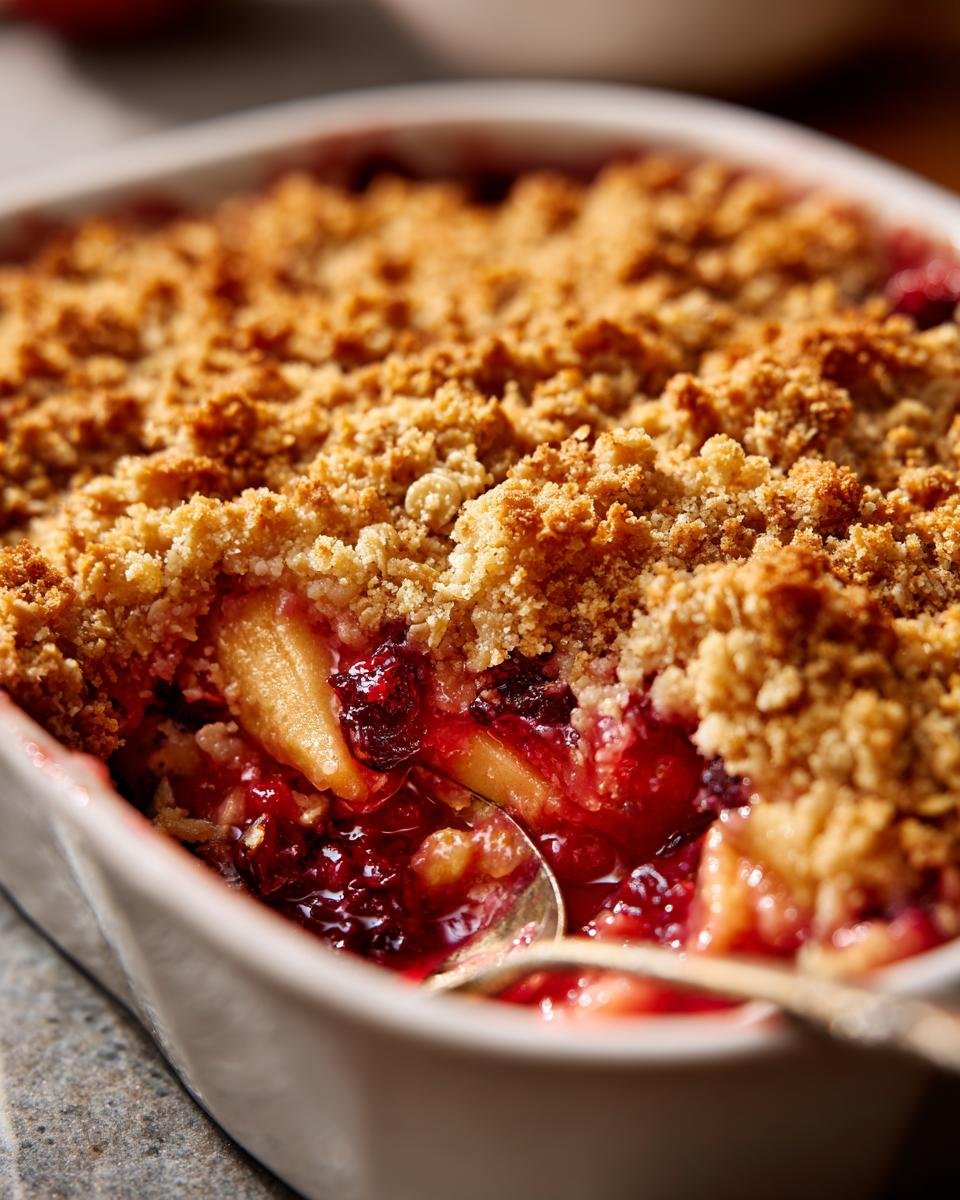Close-up of a spoonful being taken from a hot Vegan Apple Cranberry Crisp, showing the golden crumble and bubbling fruit filling.