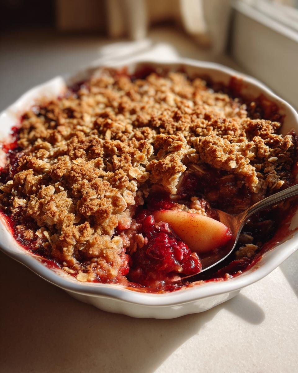 A spoonful of warm Vegan Apple Cranberry Crisp showing baked apples and tart cranberries under a golden oat topping.