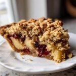Close-up of a slice of Vegan Apple Cranberry Crumble Pie showing layers of fruit filling and crumb topping.