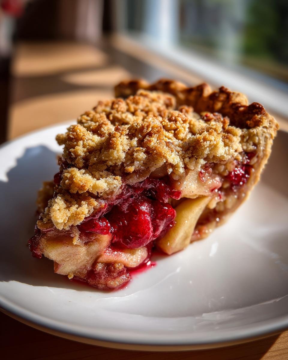 A close-up shot of a slice of Vegan Apple Cranberry Crumble Pie showing the fruit filling and crumb topping.