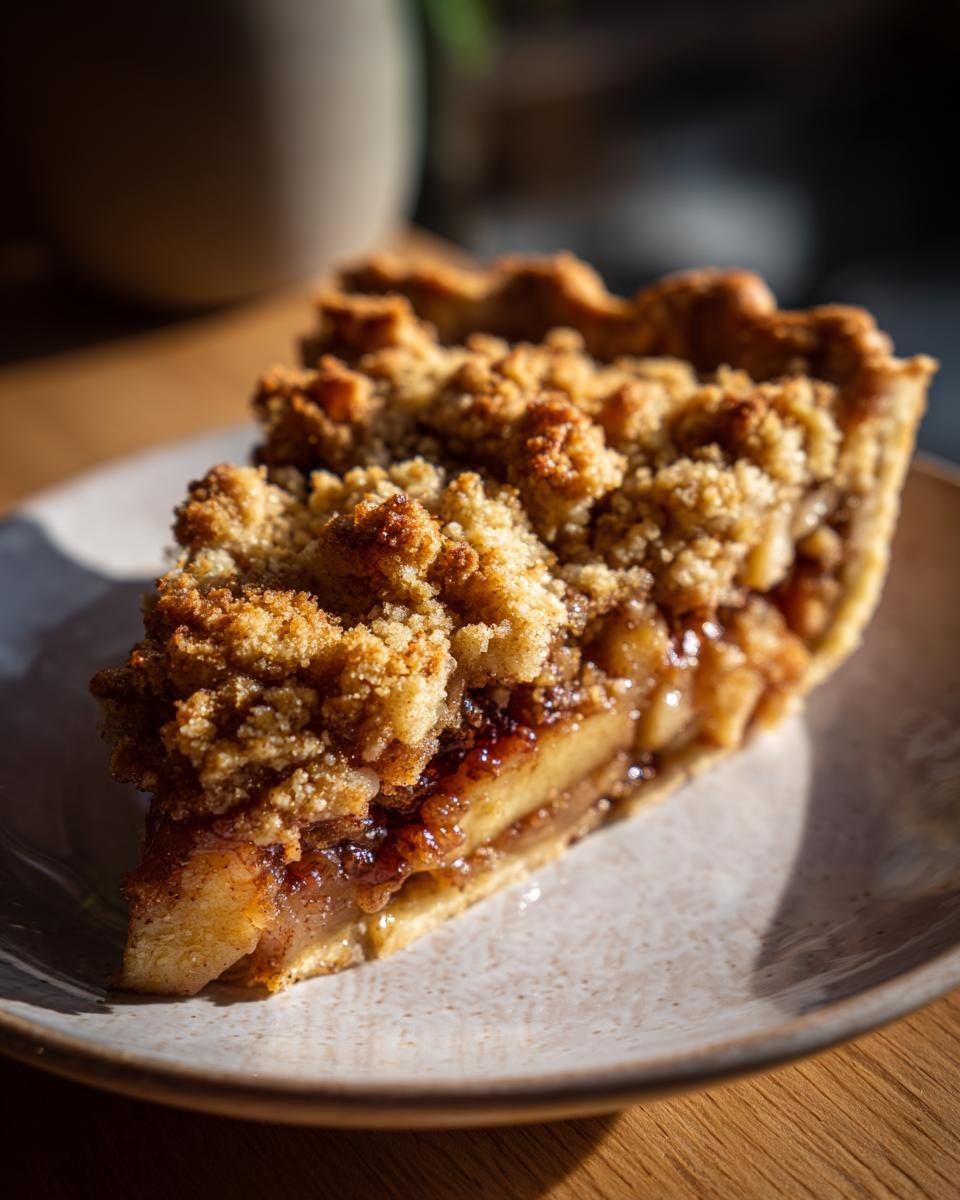 Close-up of a perfect slice of Vegan Apple Cranberry Crumble Pie showing a thick layer of fruit filling and golden crumble topping.