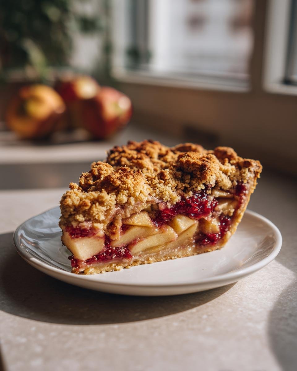 A close-up slice of Vegan Apple Cranberry Crumble Pie showing layered fruit filling and crumb topping.
