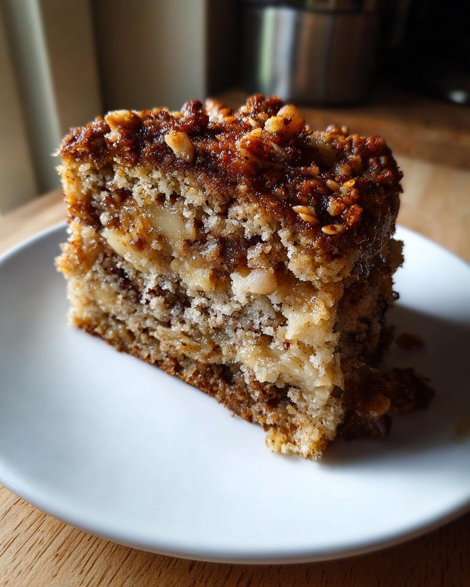 Close-up of a moist slice of Vegan Apple Crumble Coffee Cake showing layers of cake, apples, and a crunchy nut topping.