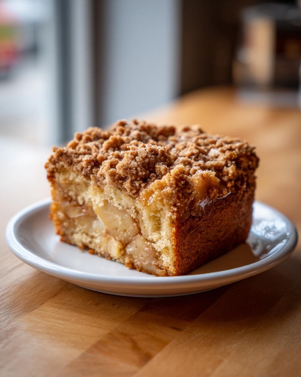 A square slice of moist Vegan Apple Crumble Coffee Cake with visible apple chunks and a thick, crunchy crumble topping.