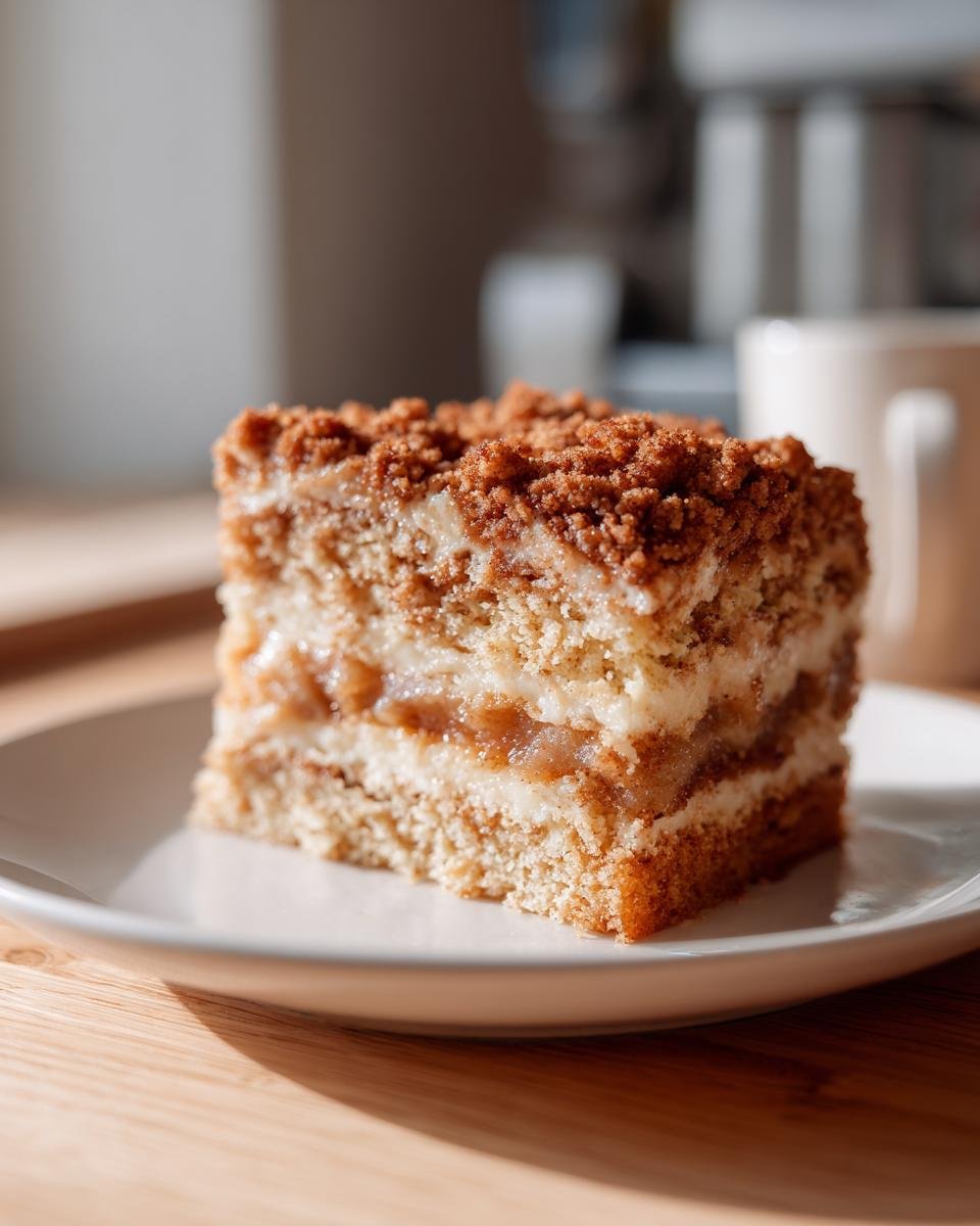 Close-up of a layered slice of Vegan Apple Crumble Coffee Cake showing cake, cream, apple filling, and crumble topping.
