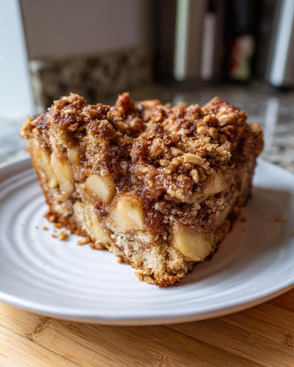 A close-up of a moist slice of Vegan Apple Crumble Coffee Cake showing layers of cake, spiced apples, and a thick, crunchy crumble topping.