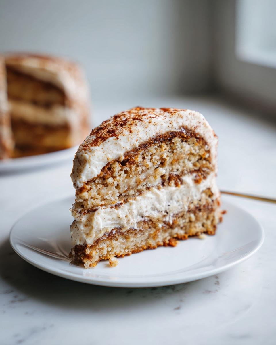 A tall slice of Vegan Banana Cake Cinnamon Browned Butter Buttercream layered with creamy frosting and dusted with cinnamon.
