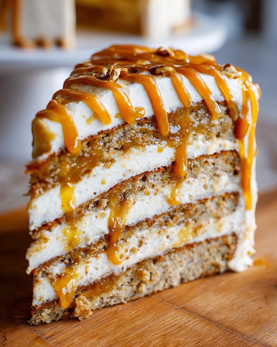 Close-up of a slice of Vegan Caramel Apple Layer Cake showing multiple layers of cake, cream, and caramel drizzle.