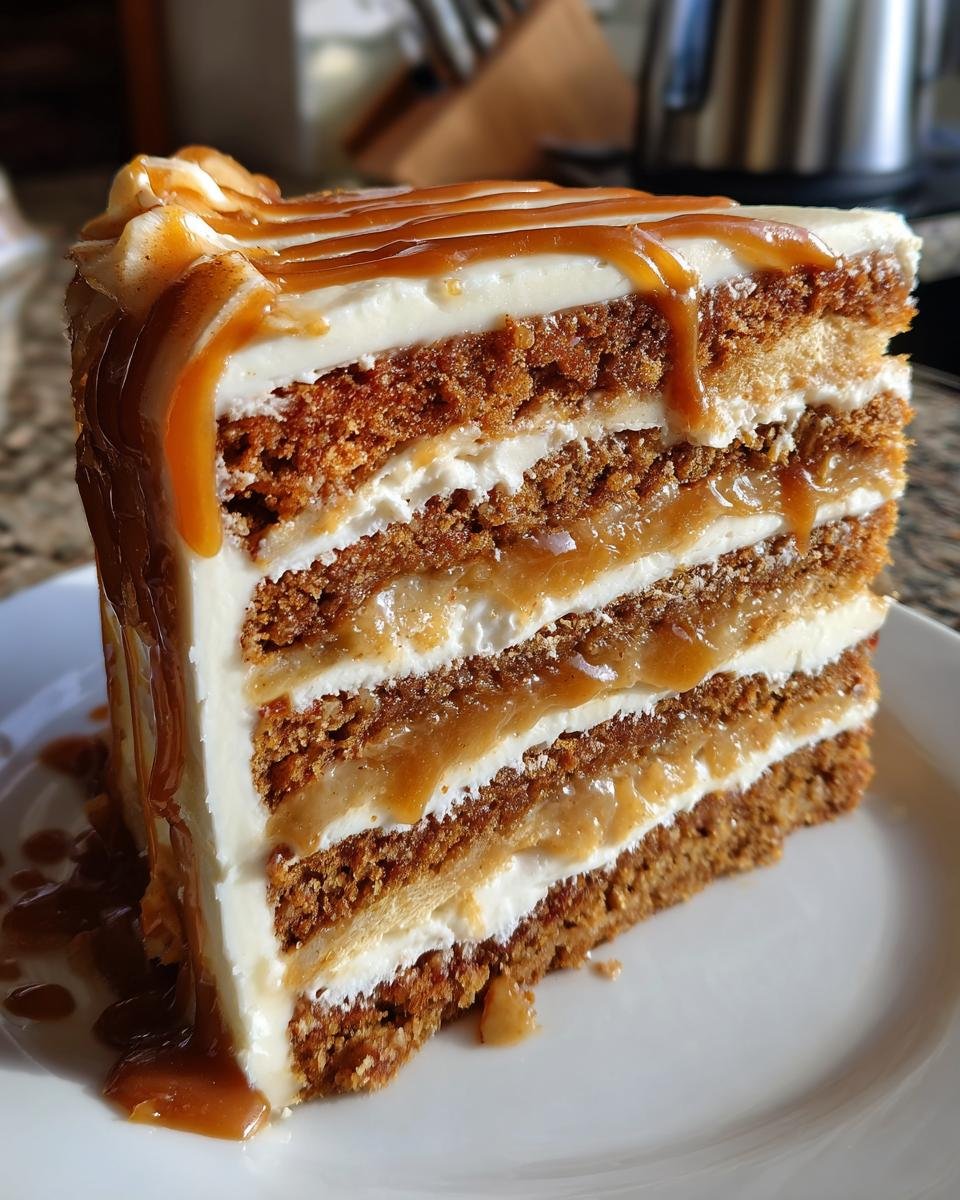 Close-up of a tall slice of Vegan Caramel Apple Layer Cake with multiple layers of cake, cream cheese frosting, and caramel filling.