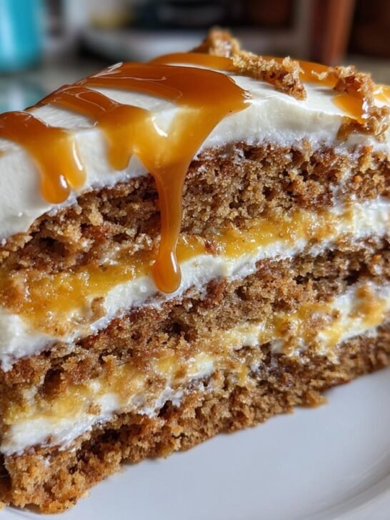 Close-up of a slice of Vegan Caramel Apple Layer Cake with thick layers of cake, frosting, and dripping caramel sauce.