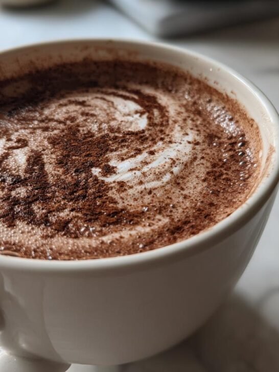 Close-up of a white mug filled with Vegan Chai Spice Hot Cocoa, topped with foam and sprinkled cocoa powder.