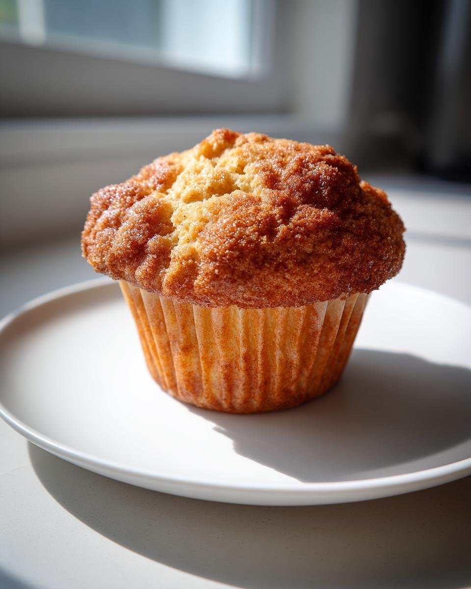 A close-up of a single, golden-brown Vegan Chai Spice Muffin with a sugary crumb top, sitting on a white plate.