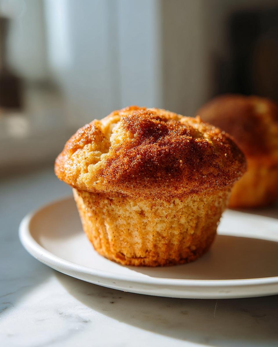Close-up of a single, golden Vegan Chai Spice Muffin topped with cinnamon sugar, sitting on a white plate.