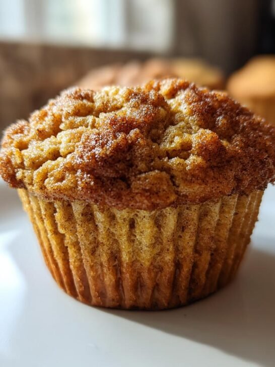 A close-up of a freshly baked Vegan Chai Spice Muffin with a sugary, spiced top, resting on a white plate.