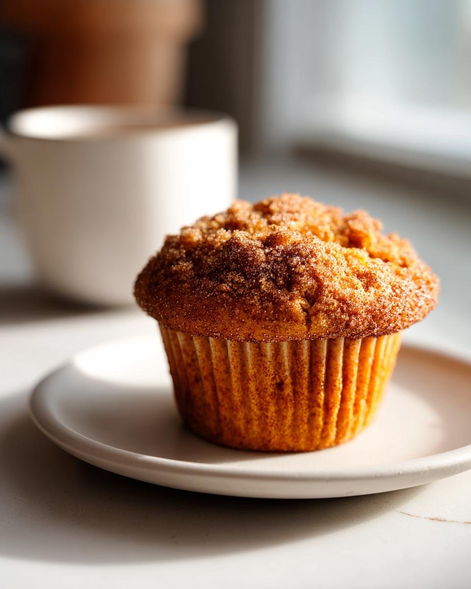 A single, perfectly baked Vegan Chai Spice Muffin with a sugary cinnamon crumb topping sitting on a small white plate.