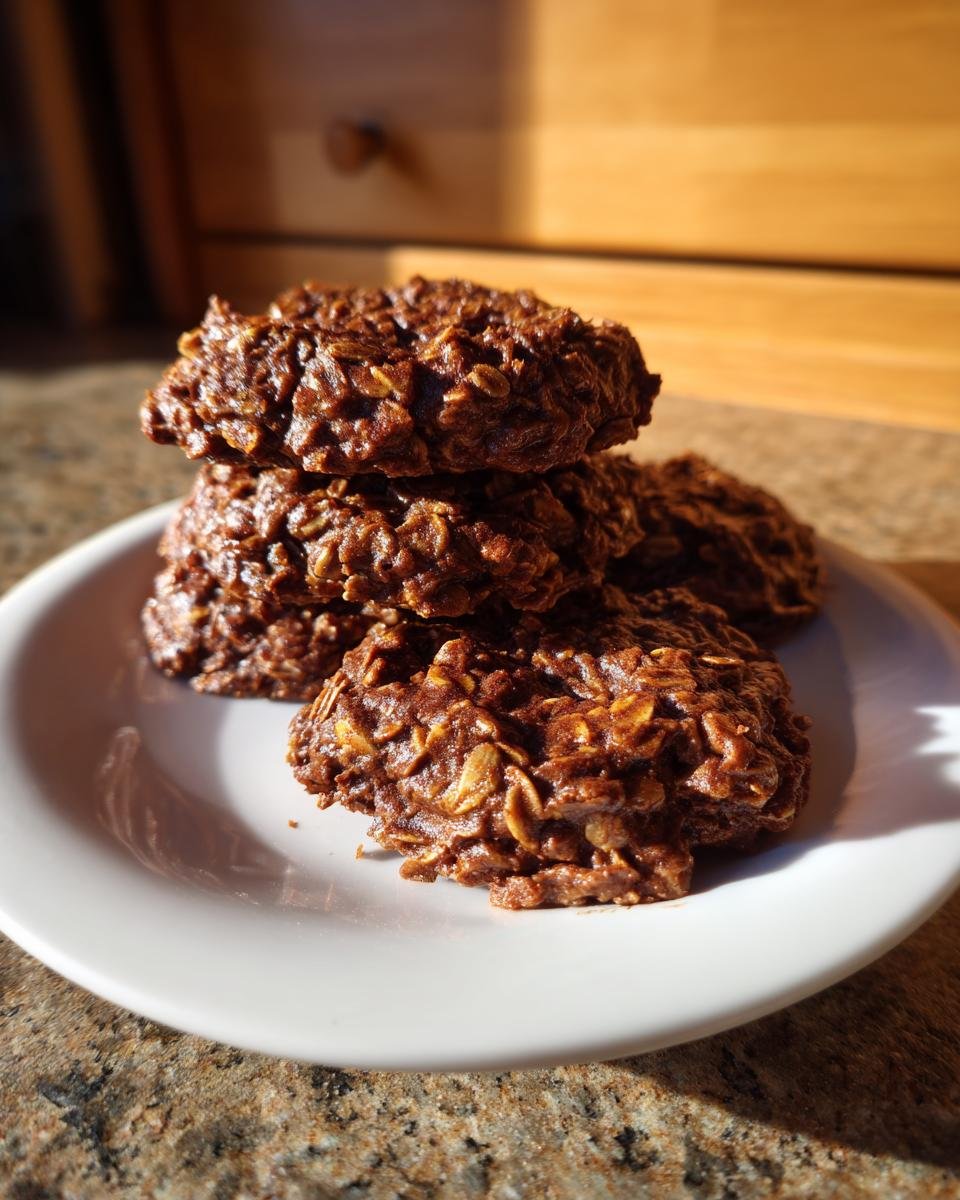 A stack of rich, dark Vegan Chai Spiced Oatmeal Cookies on a white plate.