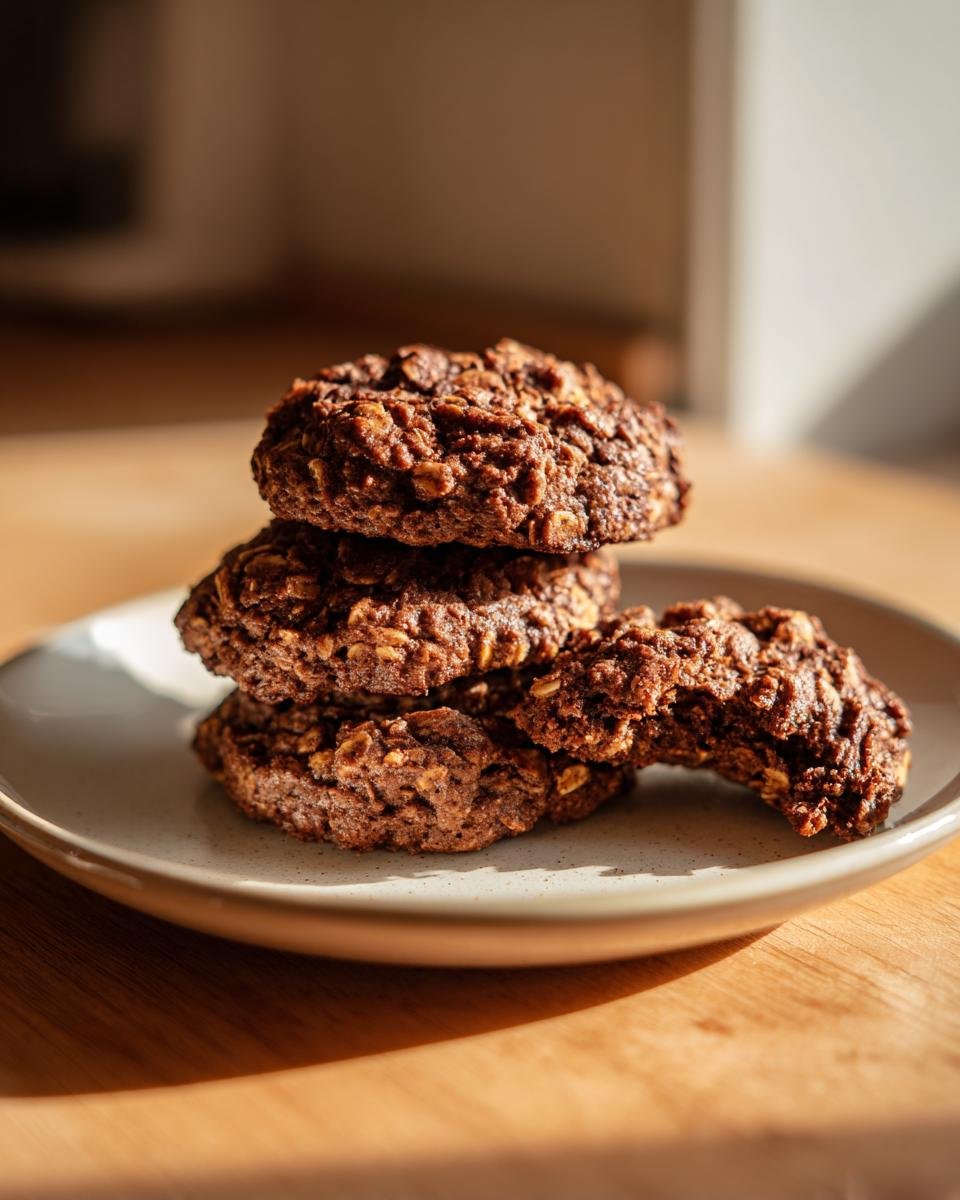 A stack of rich, dark Vegan Chai Spiced Oatmeal Cookies resting on a light ceramic plate.