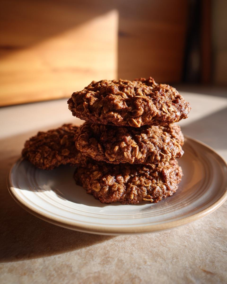 A stack of three rich brown Vegan Chai Spiced Oatmeal Cookies on a light ceramic plate.