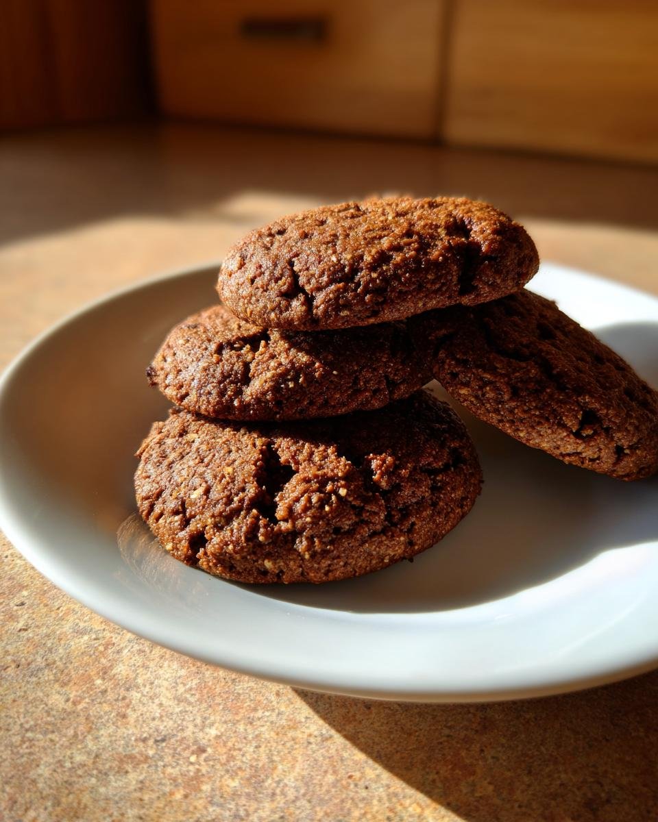 A stack of three dark brown Vegan Chai Spiced Oatmeal Cookies resting on a light blue plate.