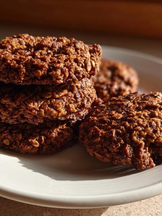 A stack of four dark brown Vegan Chai Spiced Oatmeal Cookies on a white plate, highlighted by sunlight.
